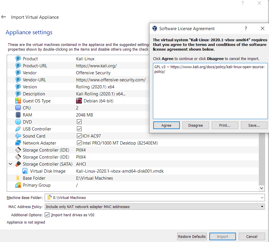 Import Appliance Import Screen