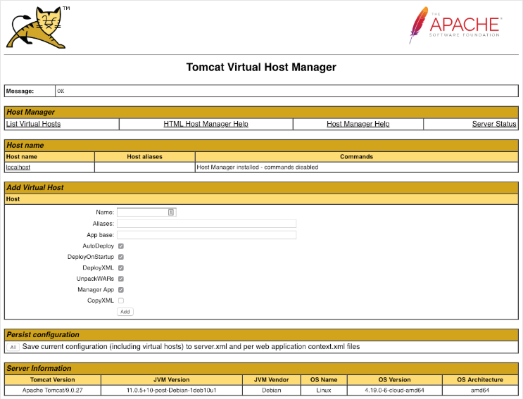 Tomcat Host Manager Interface
