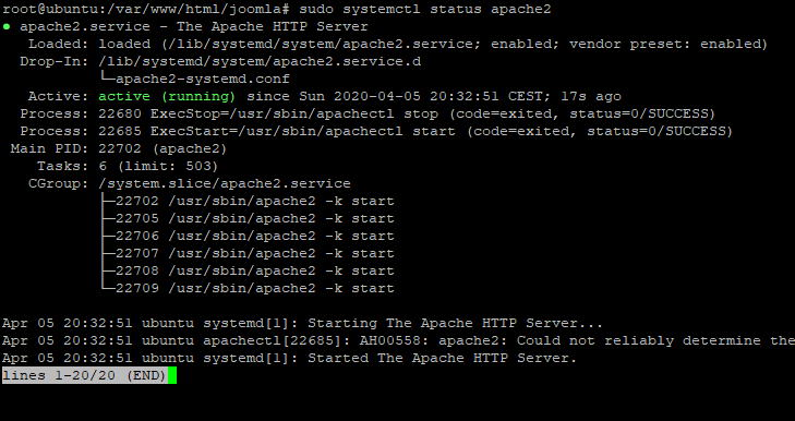 Status Of The Service - Install Joomla CMS on Debian