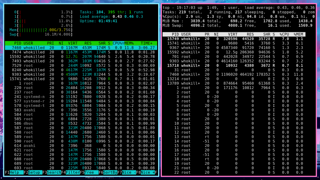 Htop (Left) vs Top (Right)