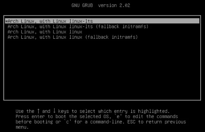 GRUB Menu Listing All Available Kernels