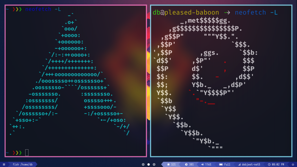 Neofetch with -L flag featuring Arch(Host) and Debian(LXC Container)
