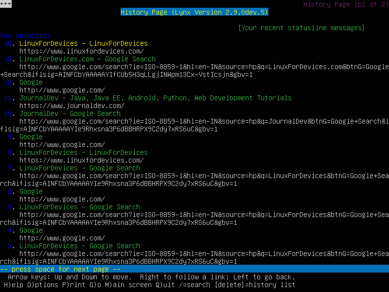 Browsing History In Lynx