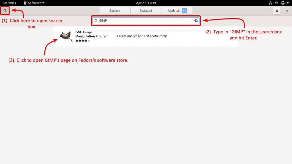 Search For GIMP In Fedoras Software Store