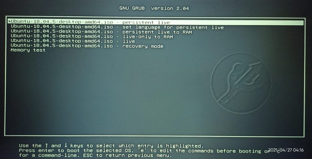 Boot Menu Of Ubuntu Persistence Usb