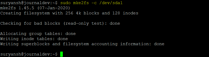 Checking For Bad Blocks Using Mke2fs