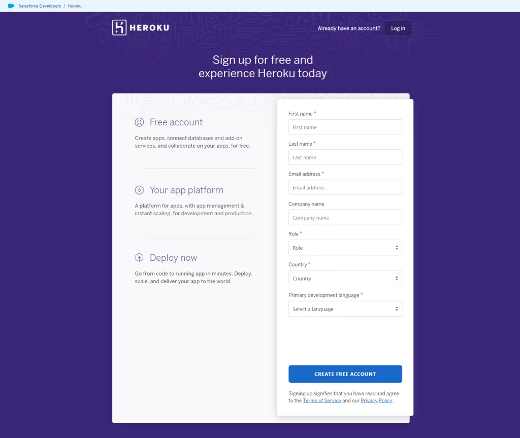 Heroku Sign Up Page