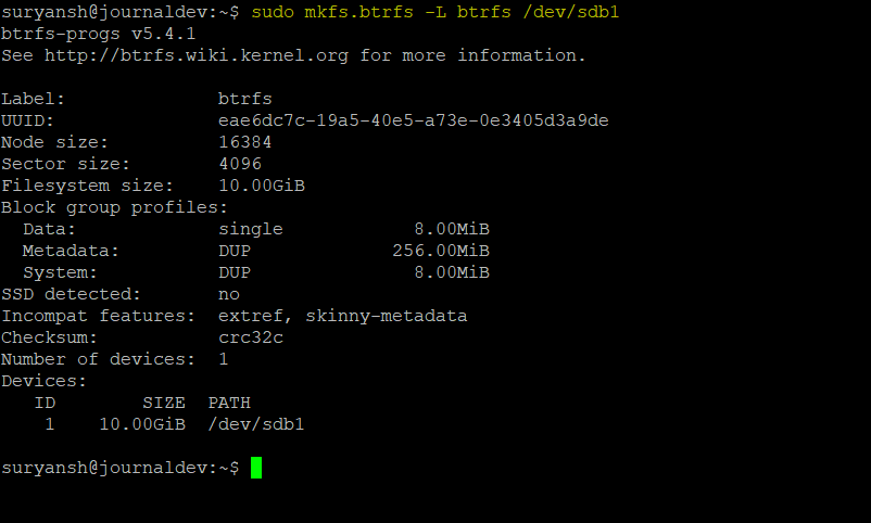 Btrfs Filesystem Created