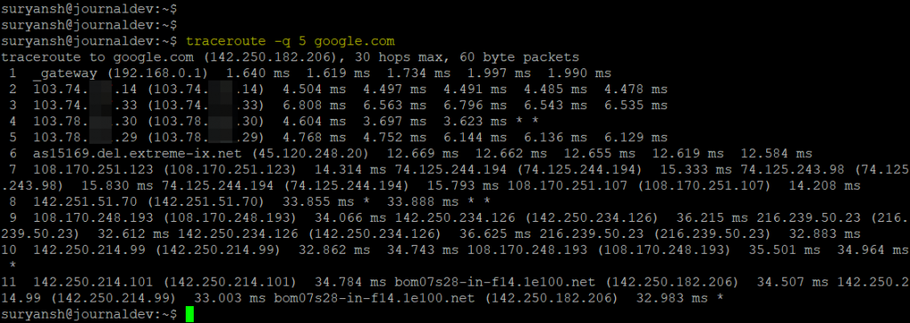 Traceroute Command With Number Of Probe Packets Per Hop