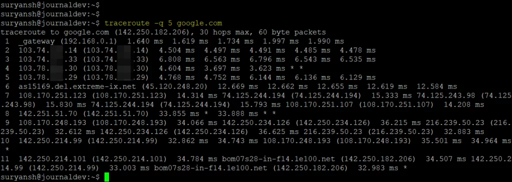 Traceroute Command With Number Of Probe Packets Per Hop