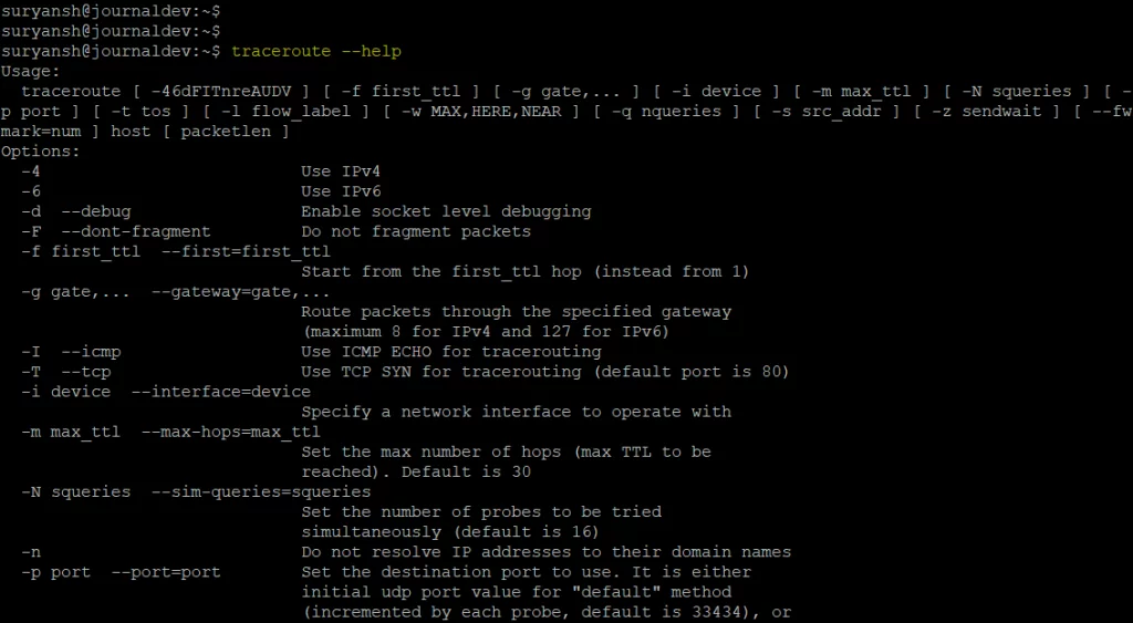 Traceroute Help Command