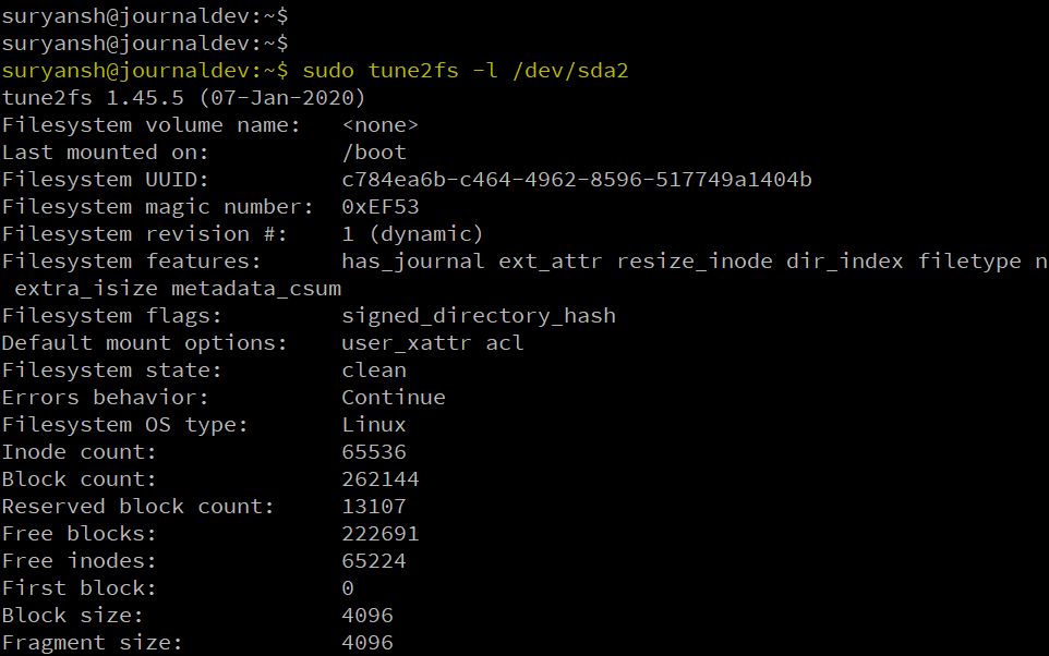 Listing Filesystem Parameters Using Tune2fs Command