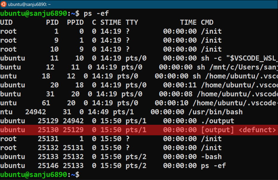 Output of ps -ef Command defunct process zombie process