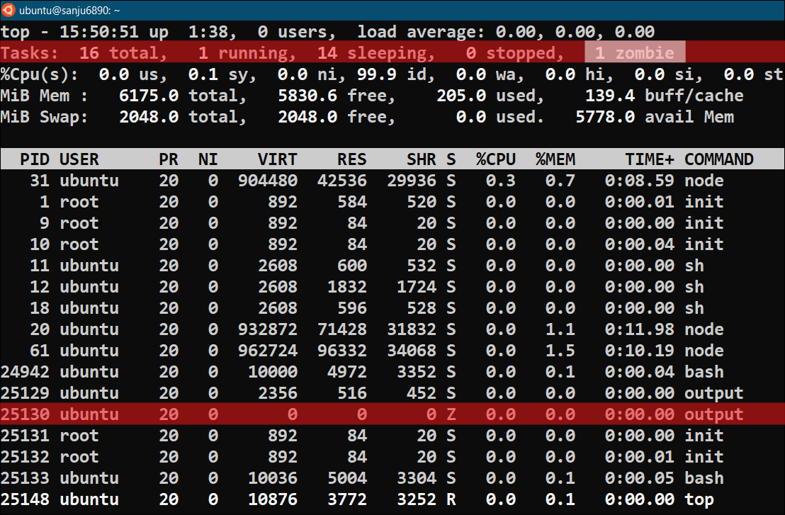 Output of top command for defunct process zombie process