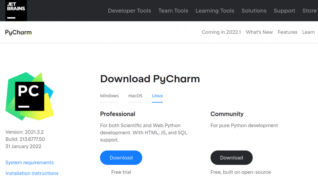 Pycharm Download Page