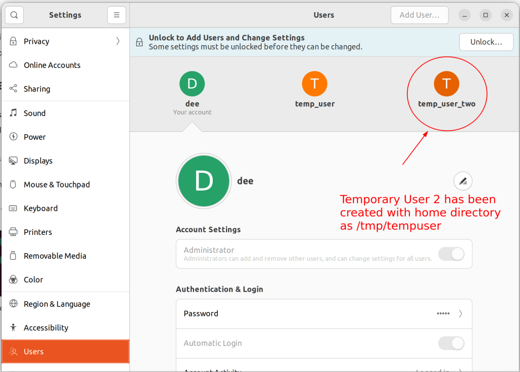 Output After Creating The Temporary User