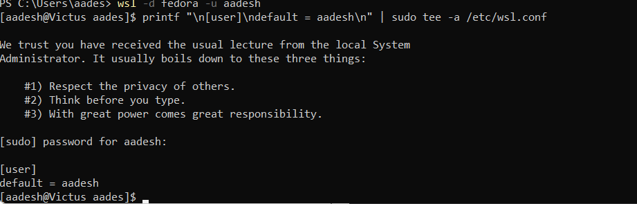 Make A Defaulot User In Fedora On WSL2
