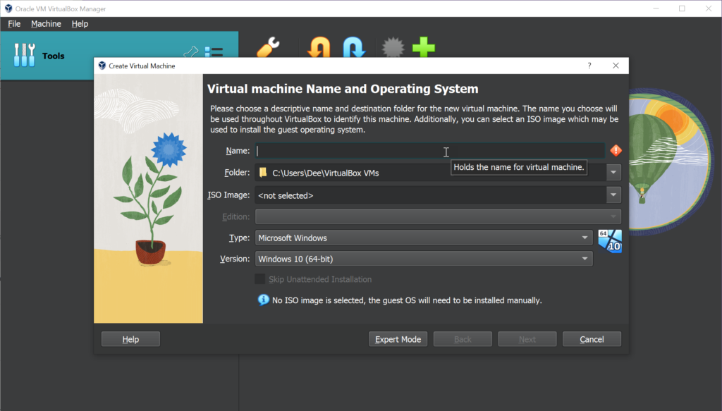 Virtualbox Setup Screen 1