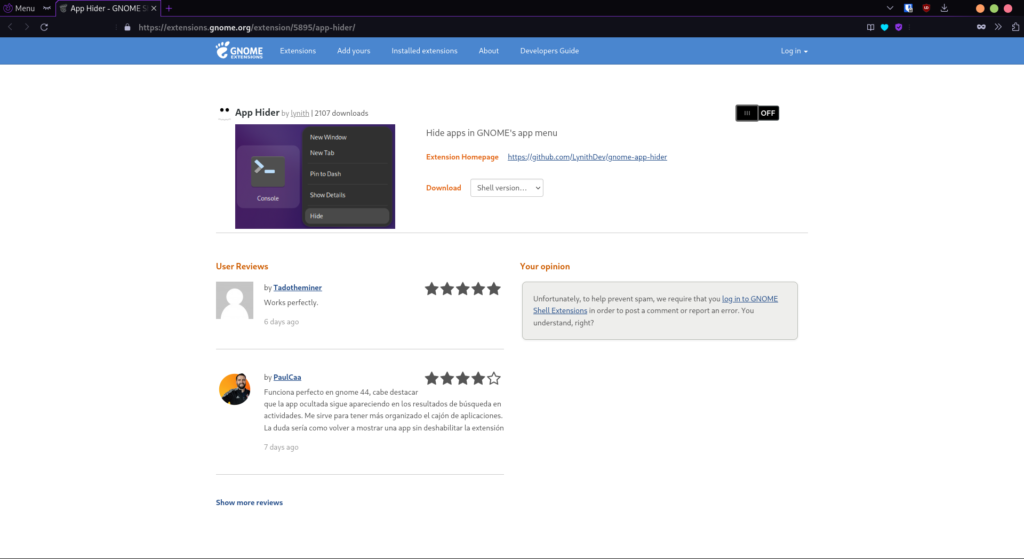 Enable App Hider GNOME Extension