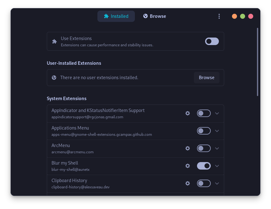 Various GNOME Extensions Come Pre Installed In The System