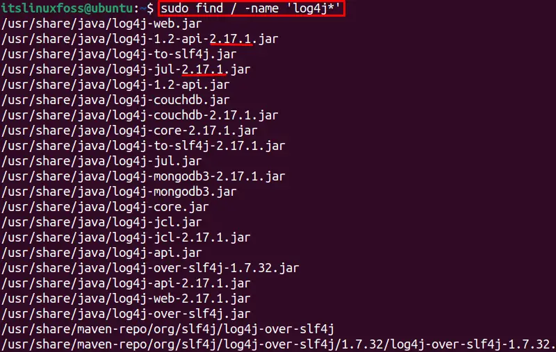 Log4j find command In Ubuntu Linux 