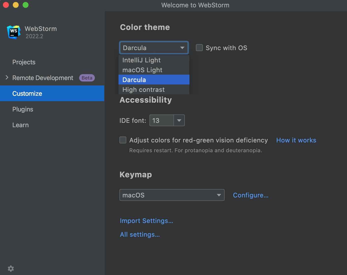 WebStorm customisation settings