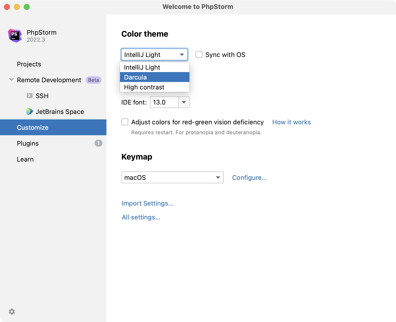 WebStorm customisation settings