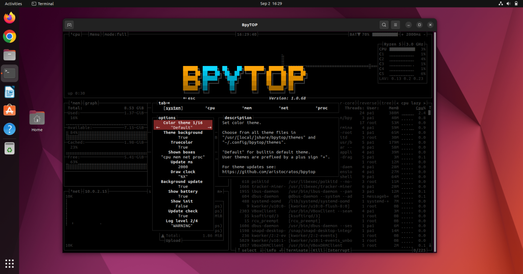 Bpytop Options Menu