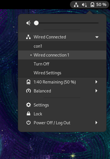 Open the Wired settings from the GNOME quick panel