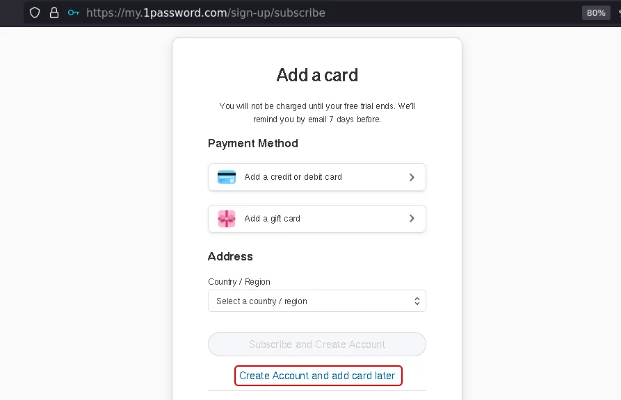 Click On Create Account And Add Card Later