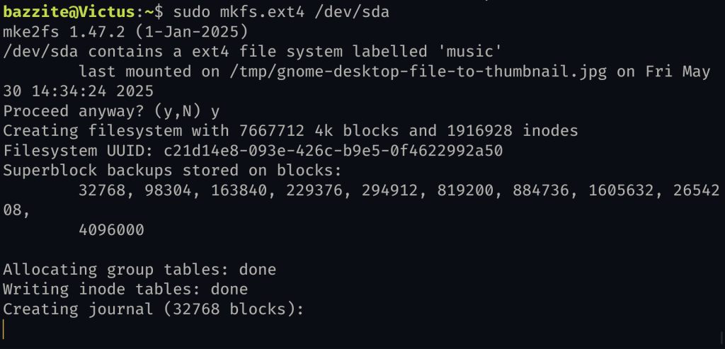 Formatting Filesystem With Ext4