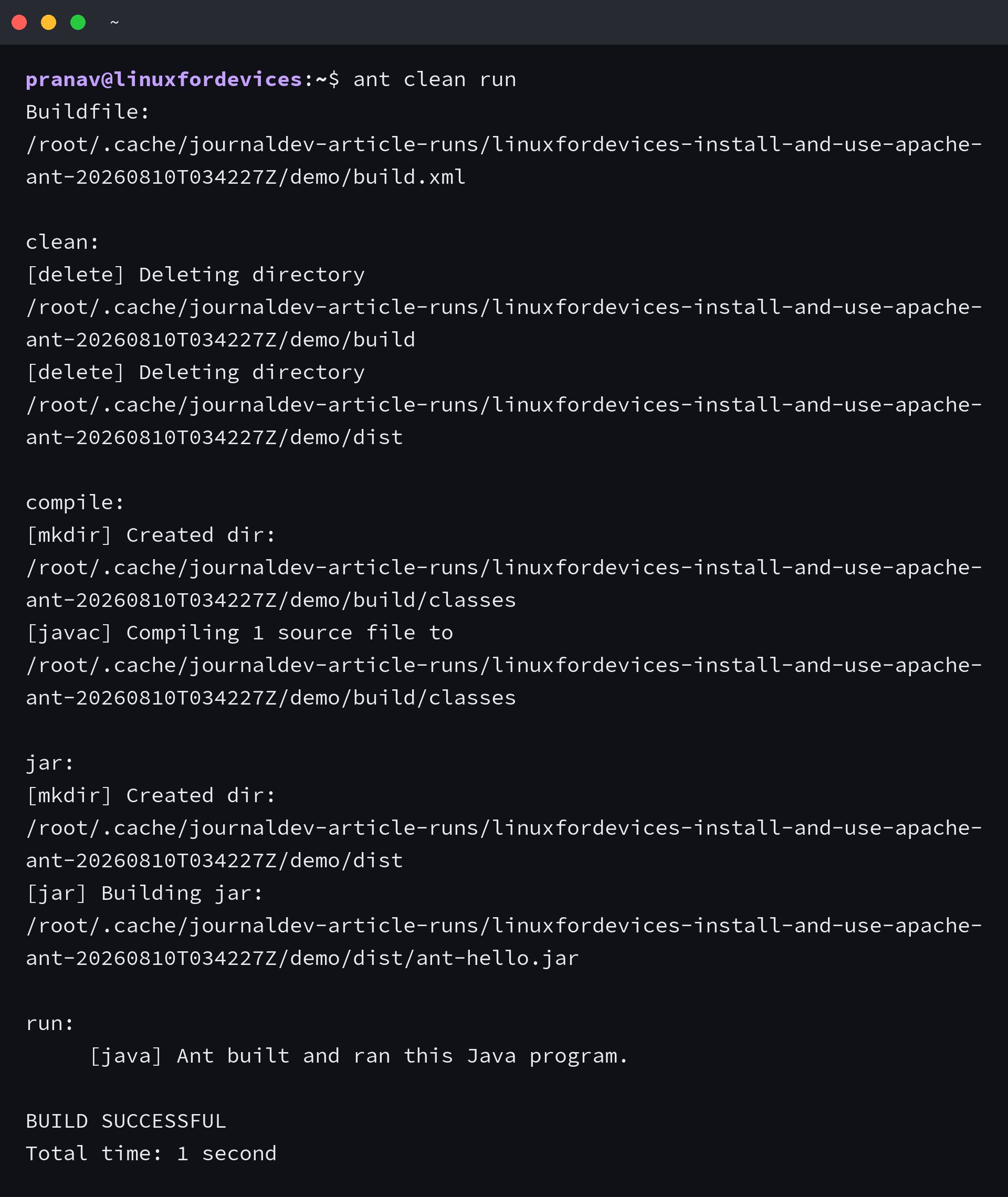 Apache Ant runs a Java build, creates a JAR, and reports BUILD SUCCESSFUL