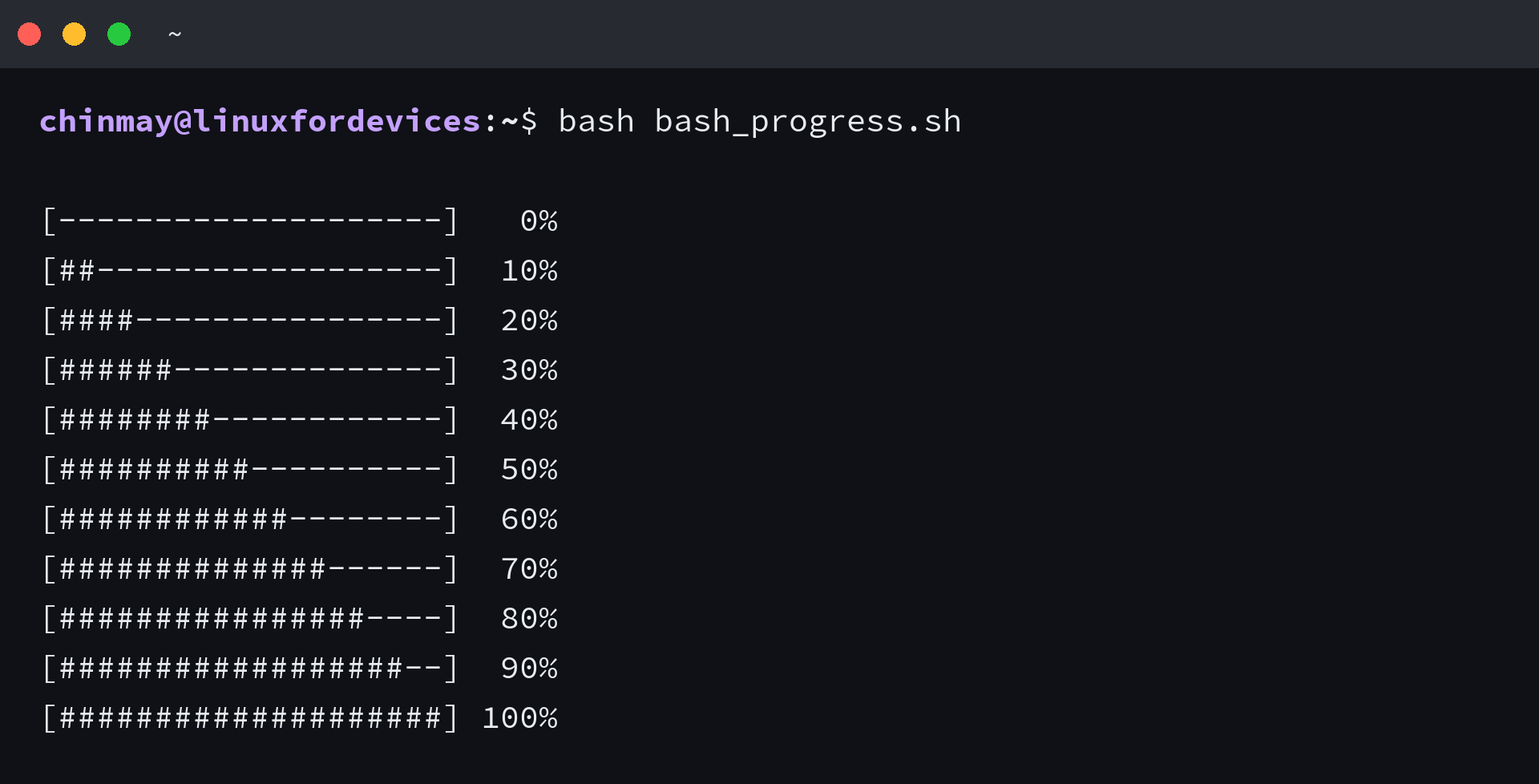 Bash script progress bar updating from 0 percent to 100 percent