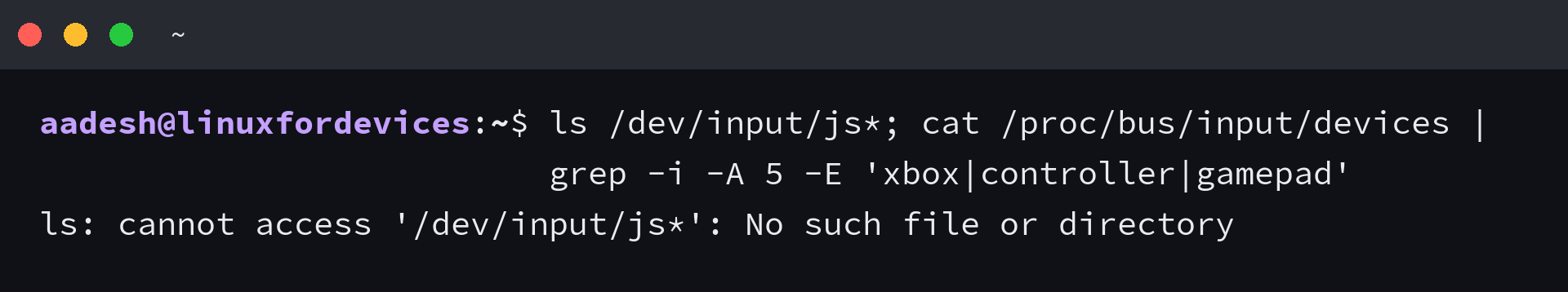 Linux controller detection command showing no joystick device node