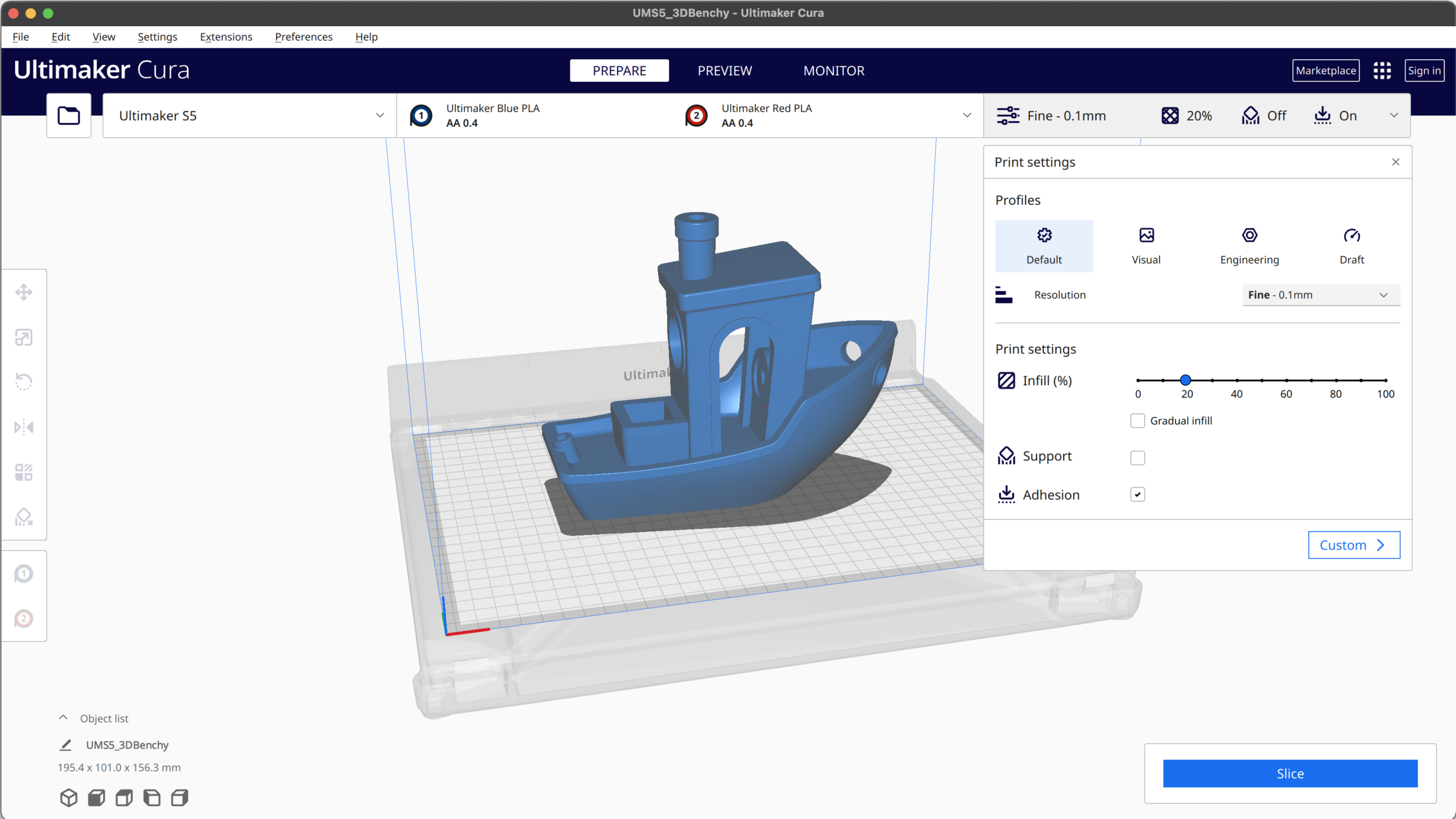 UltiMaker Cura Prepare workspace with a 3DBenchy model and print settings open