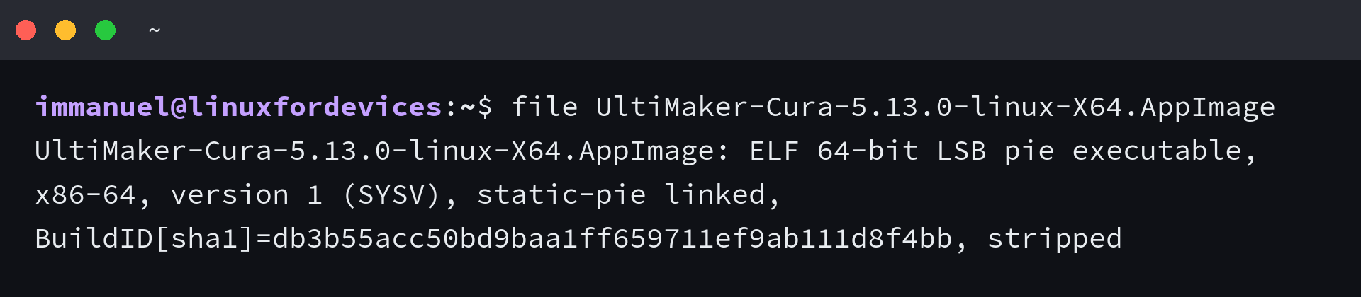 The file command identifies the Cura 5.13 AppImage as an x86-64 executable