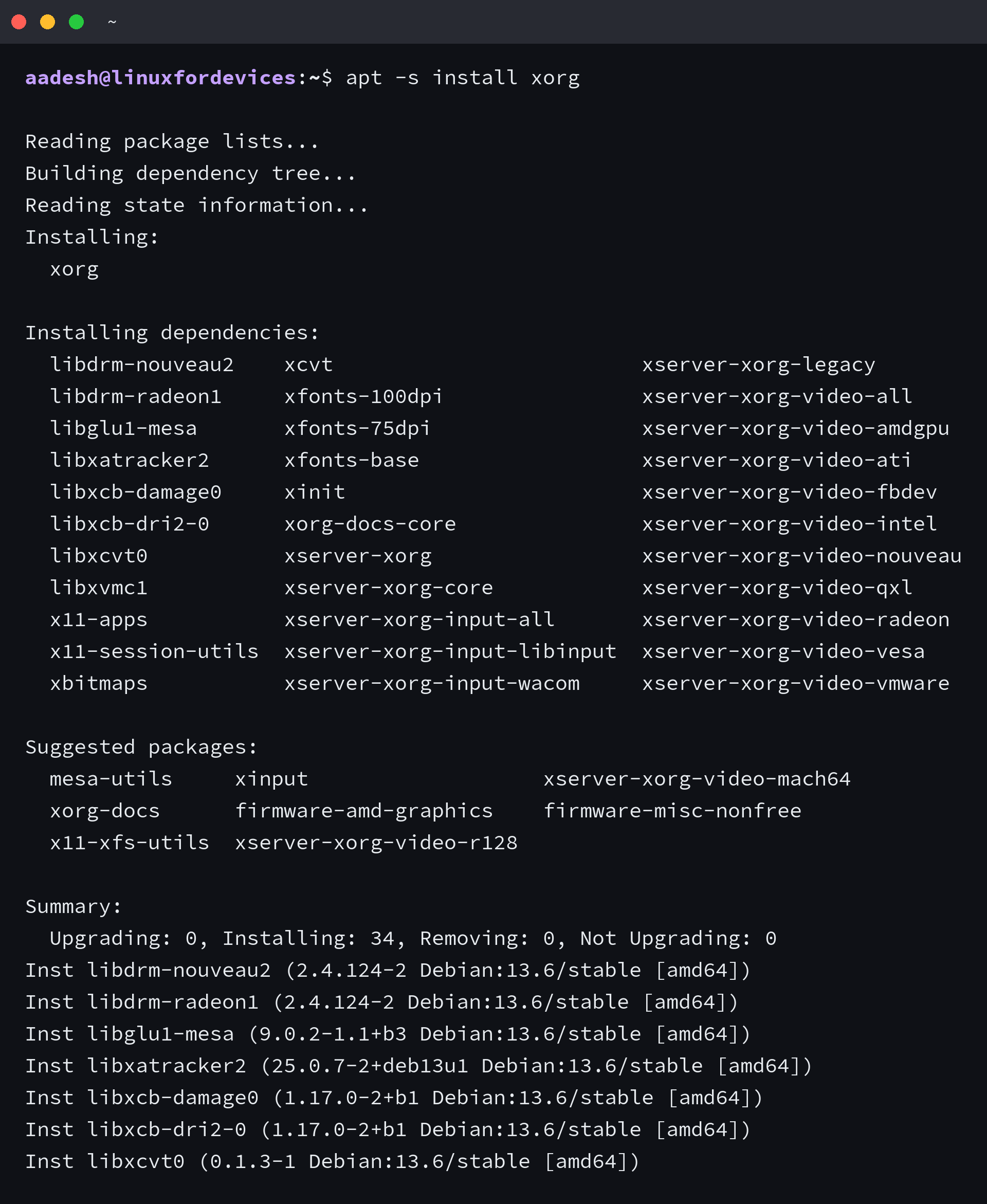 Terminal showing apt simulation resolving the Debian xorg package and dependencies