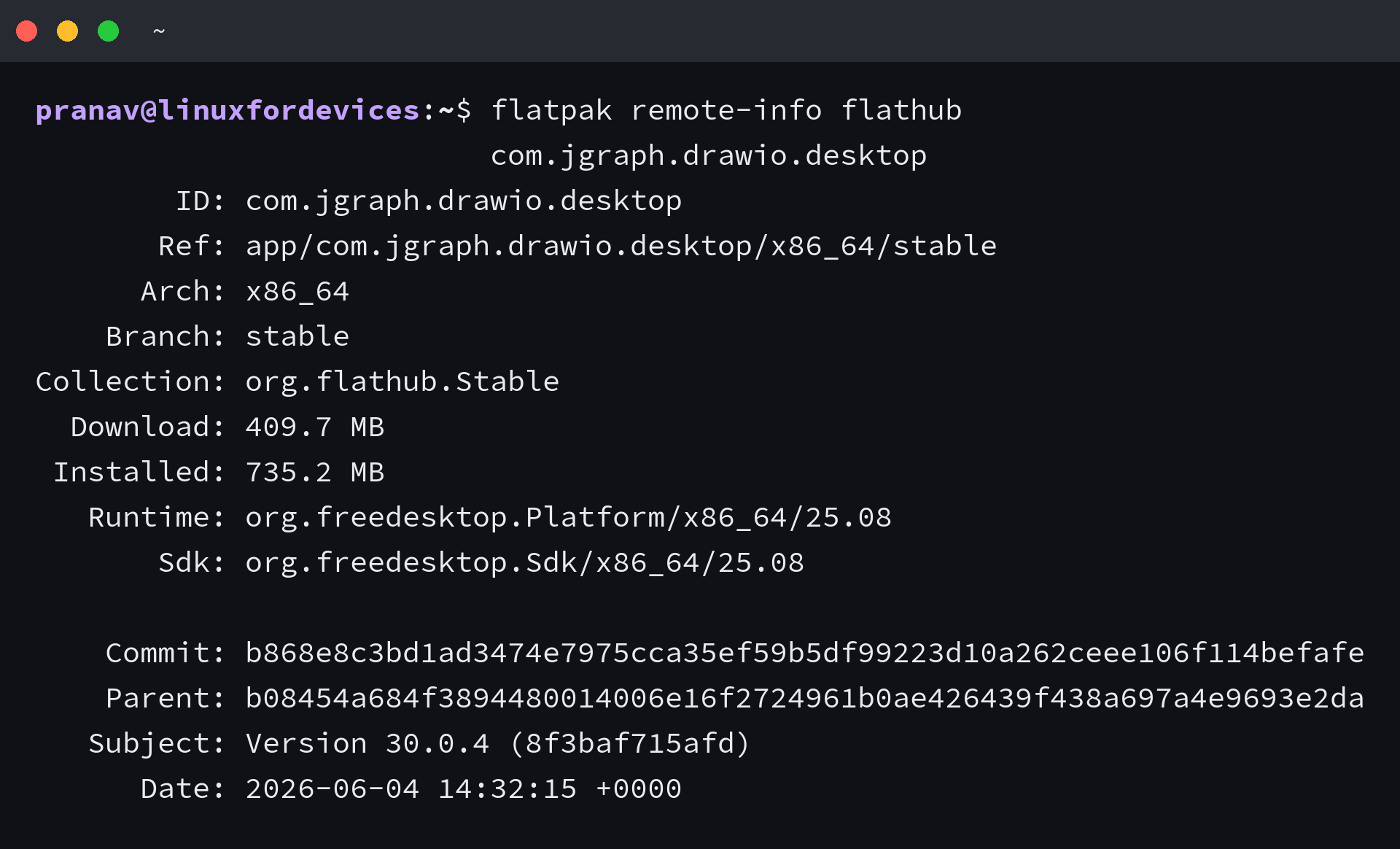 Terminal output showing the draw.io Flatpak app ID, stable branch, and version 30.0.4