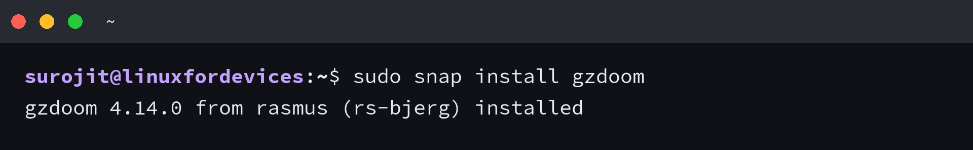 Terminal confirming GZDoom 4.14.0 installed with Snap
