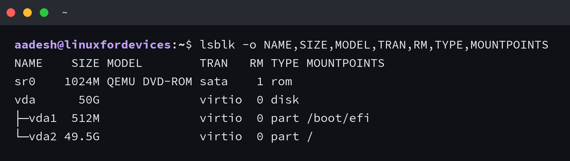 lsblk output listing storage device names, sizes, transport, removable status, type, and mount points