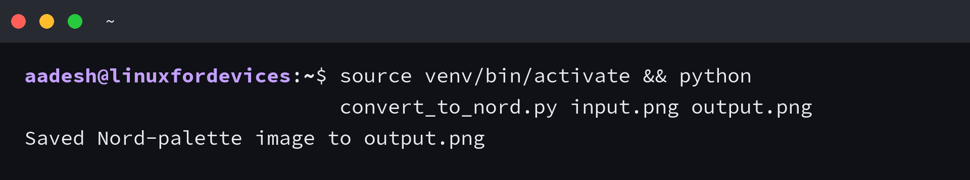 Terminal output confirming ImageGoNord saved a Nord-palette image to output.png