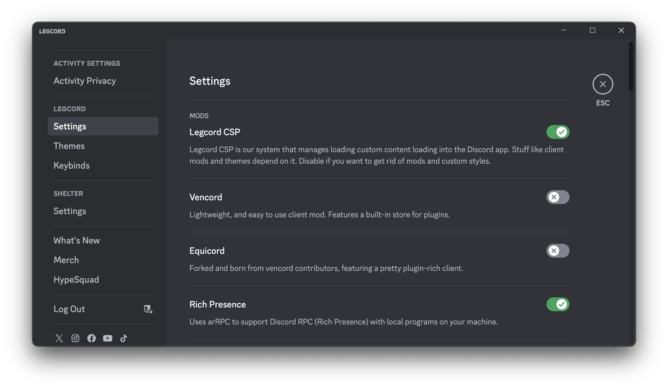 Legcord settings showing client mods and Rich Presence controls