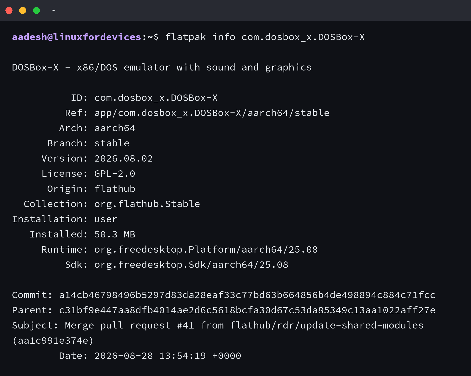 Terminal showing DOSBox-X installed from Flathub