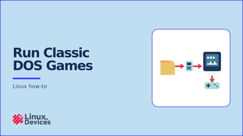 Run Classic DOS Games banner with a folder flowing through an emulator and retro computer to a game controller