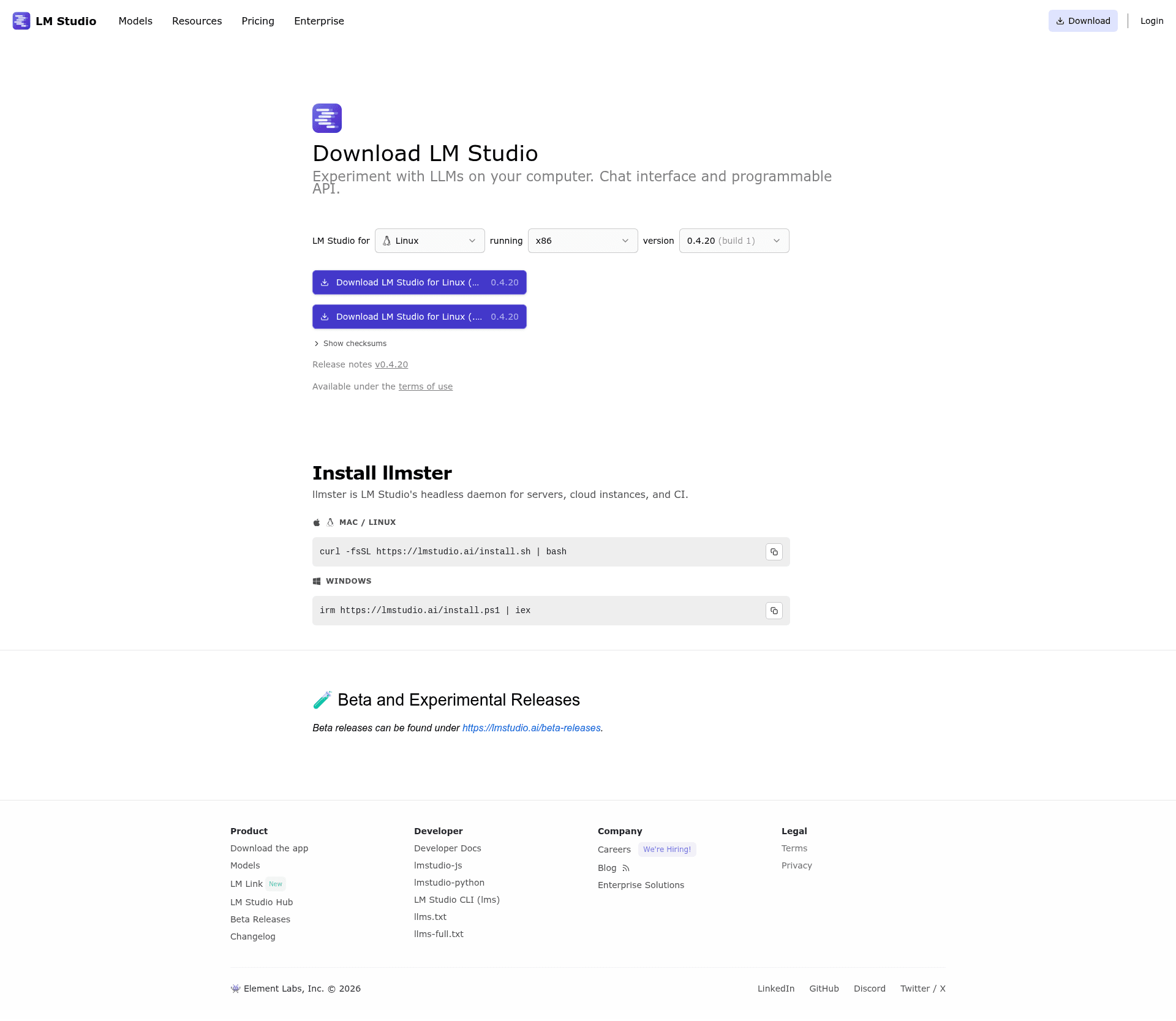 LM Studio Linux download controls and the separate llmster headless installer