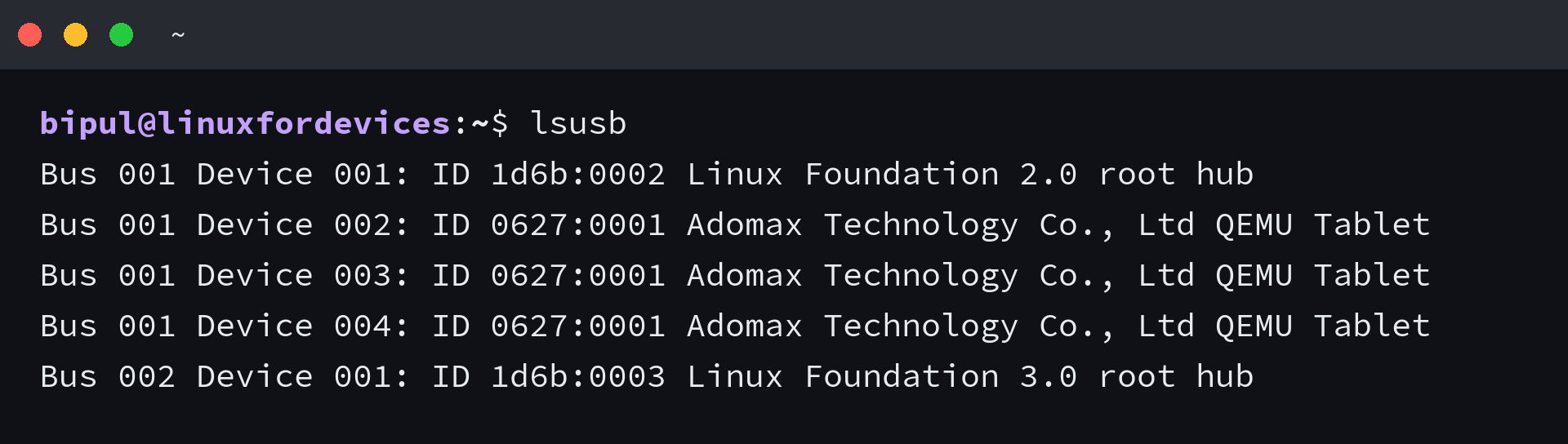 lsusb output with no TP-Link Wi-Fi adapter detected