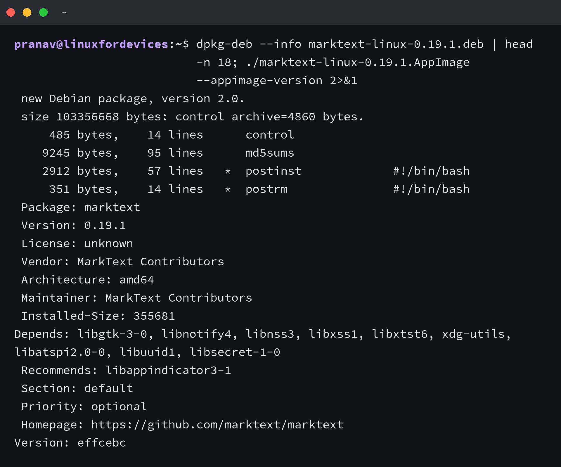 Terminal output inspecting the MarkText 0.19.1 Debian package and AppImage build