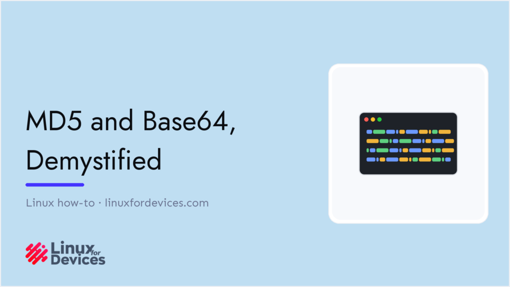 Illustration of a Linux terminal showing MD5 hash and Base64 encoded output lines