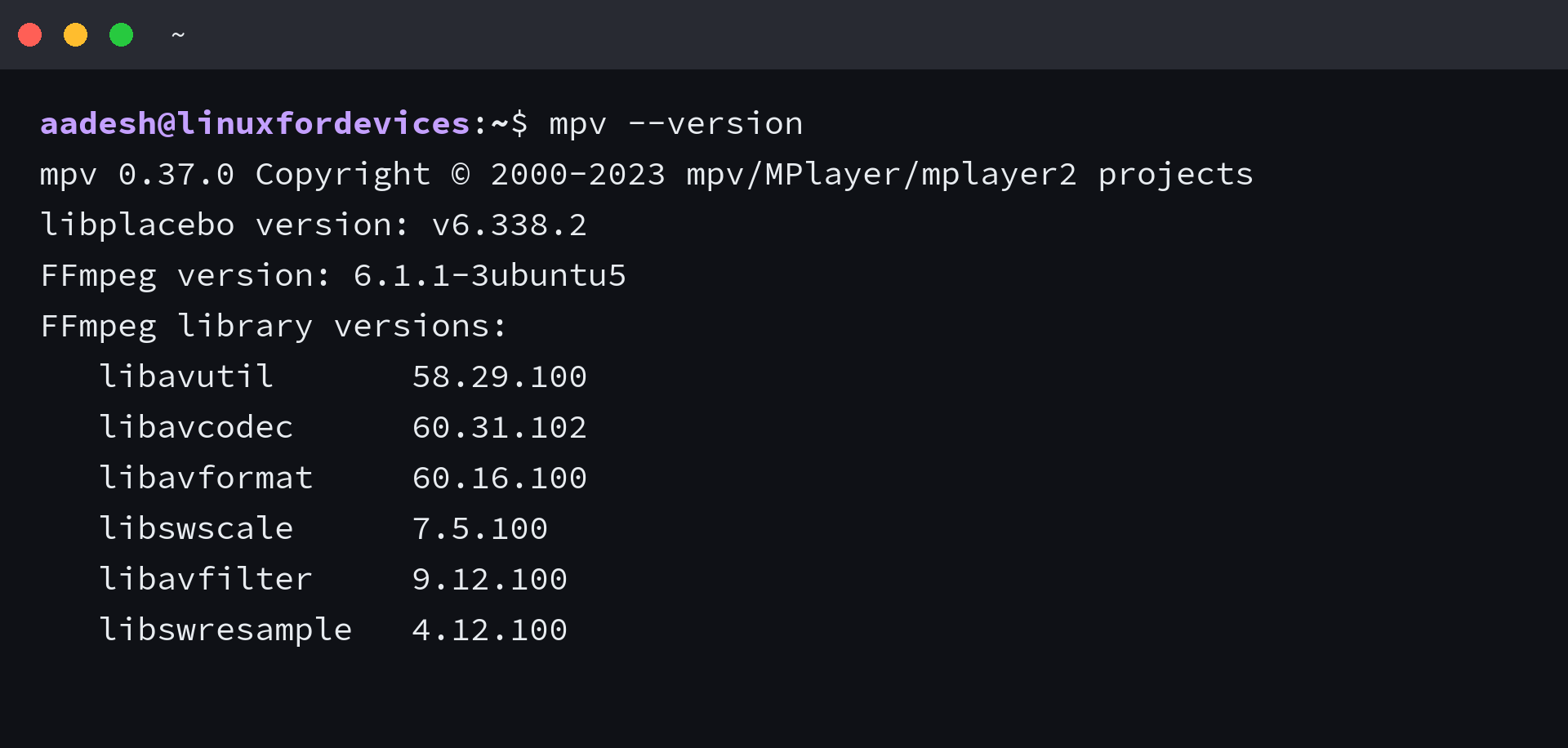 Terminal output from mpv --version on Linux