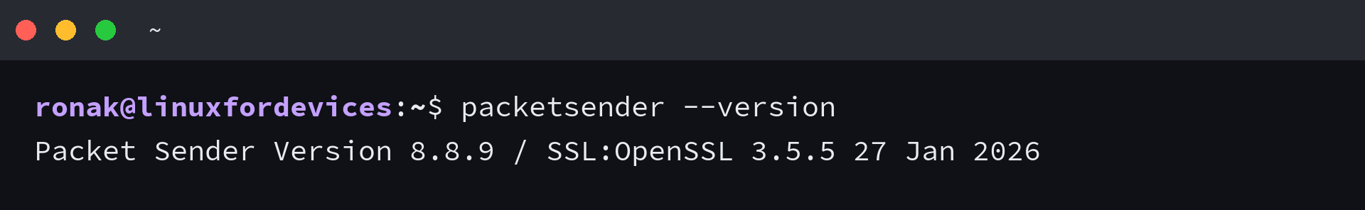 Packet Sender version shown in a Linux terminal